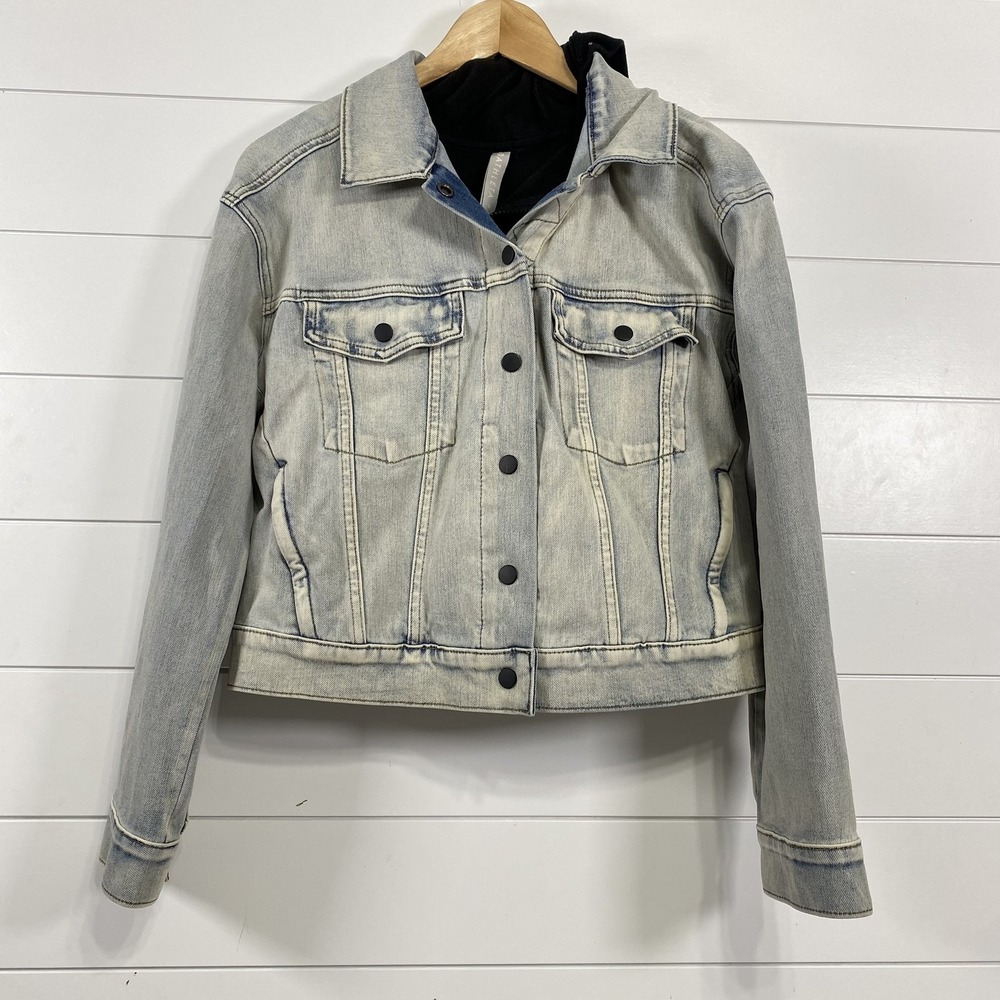 Athleta Faded Light Blue Denim Jacket with Black Hood